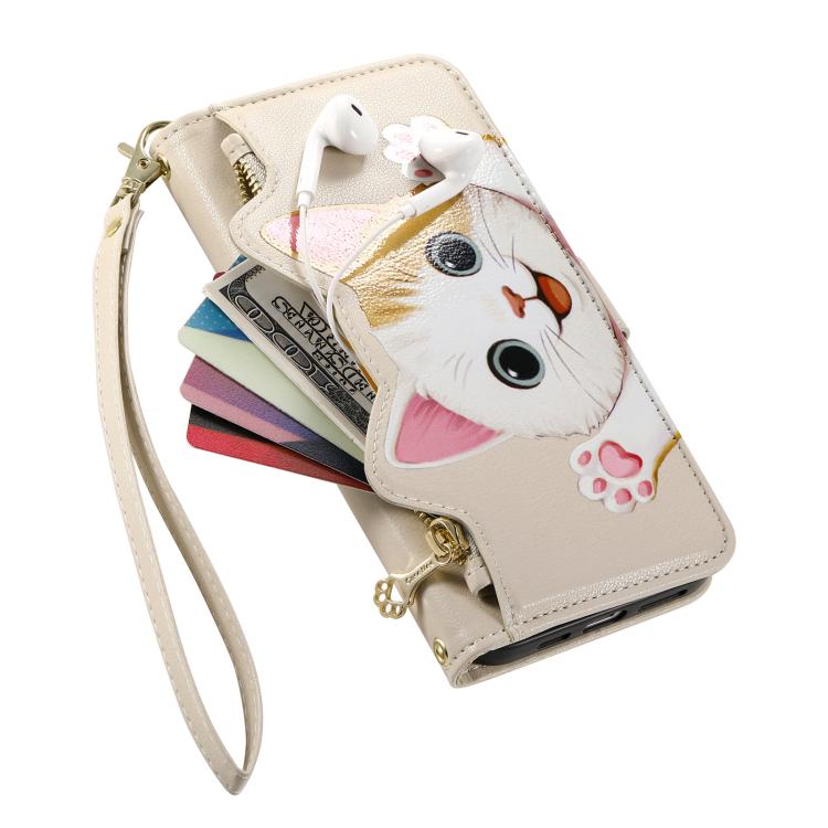 For iPhone 16 Plus Cat-shaped Zipper Wallet Vegan Leather Phone Case with Strap