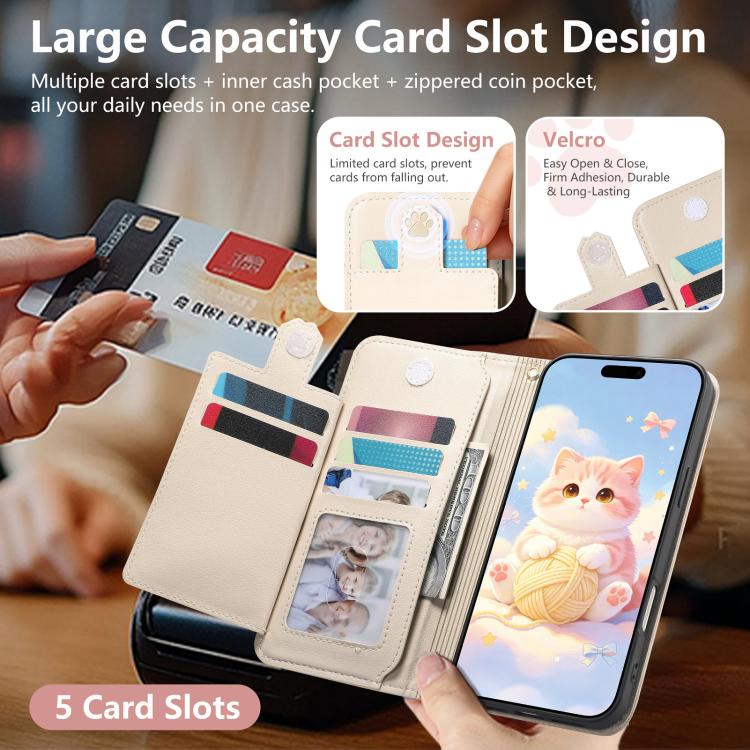 For iPhone 16 Plus Cat-shaped Zipper Wallet Vegan Leather Phone Case with Strap