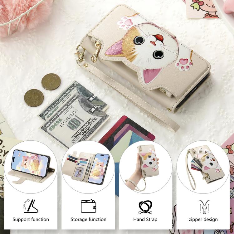 For iPhone 16 Plus Cat-shaped Zipper Wallet Vegan Leather Phone Case with Strap