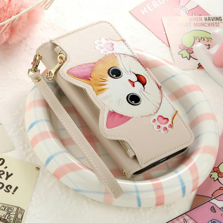 For iPhone 16 Plus Cat-shaped Zipper Wallet Vegan Leather Phone Case with Strap