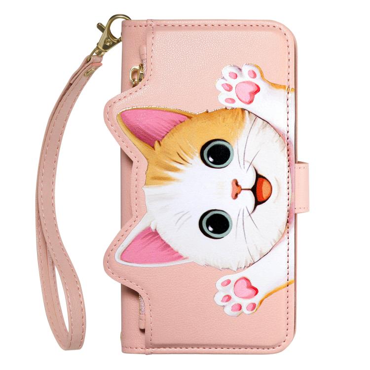 For iPhone 16 Plus Cat-shaped Zipper Wallet Vegan Leather Phone Case with Strap