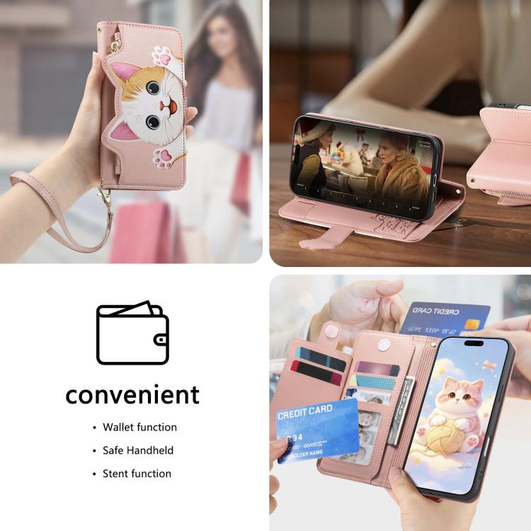 For iPhone 16 Plus Cat-shaped Zipper Wallet Vegan Leather Phone Case with Strap