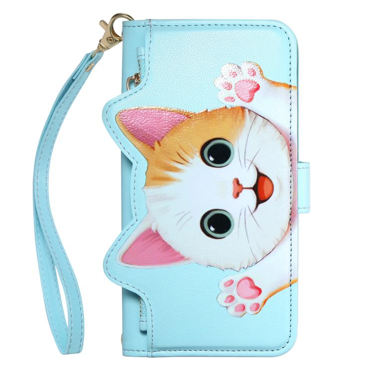 For iPhone 17 Cat-shaped Zipper Wallet Vegan Leather Phone Case with Strap
