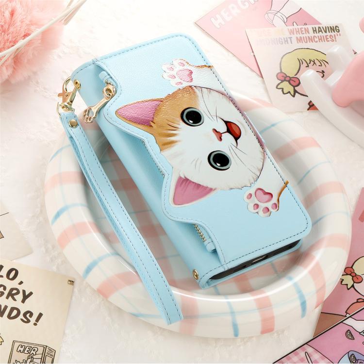 For iPhone 17 Cat-shaped Zipper Wallet Vegan Leather Phone Case with Strap