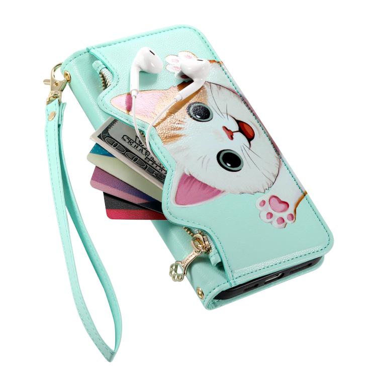 For iPhone 17 Cat-shaped Zipper Wallet Vegan Leather Phone Case with Strap