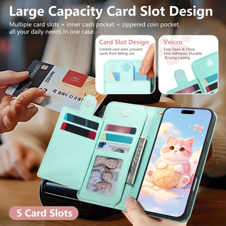 For iPhone 17 Cat-shaped Zipper Wallet Vegan Leather Phone Case with Strap