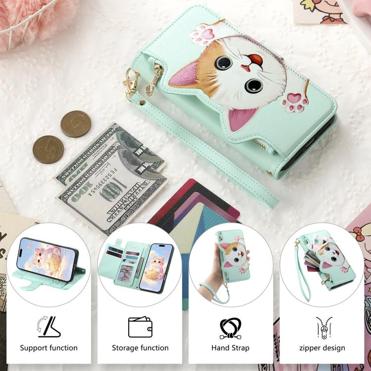 For iPhone 17 Cat-shaped Zipper Wallet Vegan Leather Phone Case with Strap