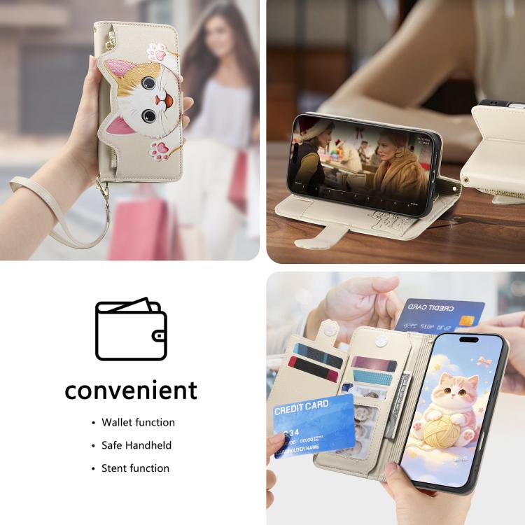 For iPhone 17 Cat-shaped Zipper Wallet Vegan Leather Phone Case with Strap
