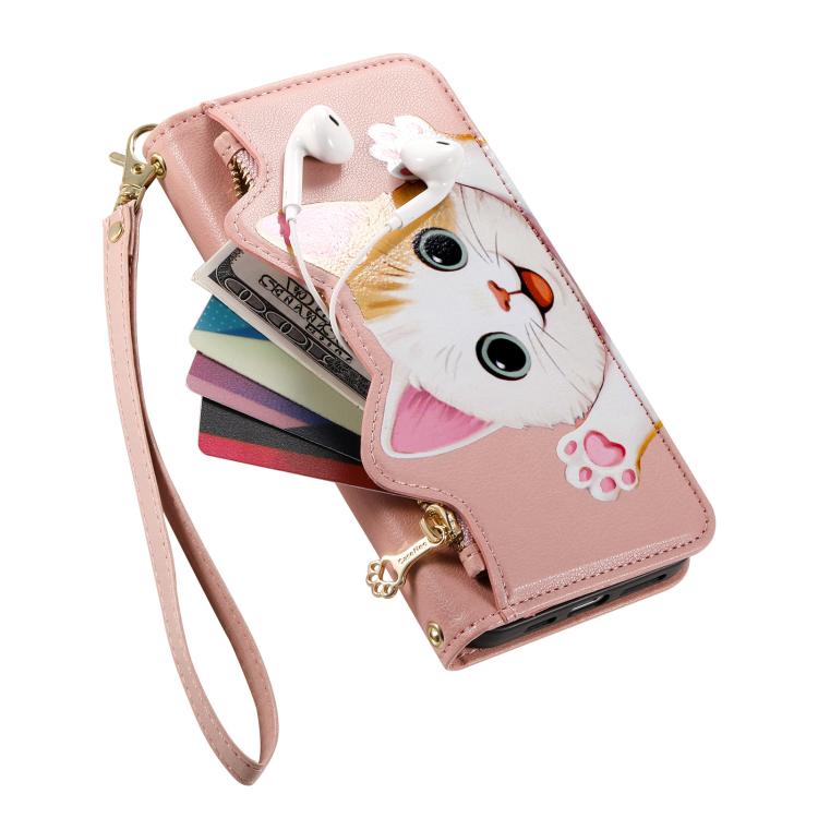 For iPhone 17 Cat-shaped Zipper Wallet Vegan Leather Phone Case with Strap