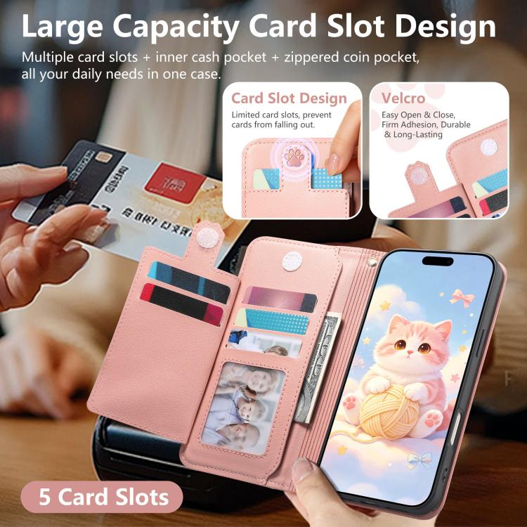 For iPhone 17 Cat-shaped Zipper Wallet Vegan Leather Phone Case with Strap
