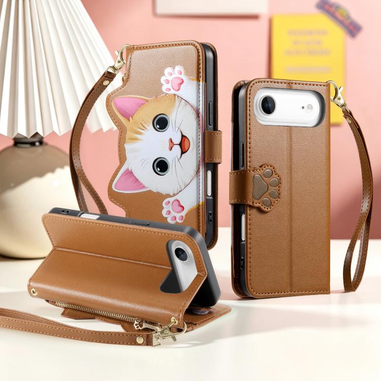 For iPhone Air Cat-shaped Zipper Wallet Vegan Leather Phone Case with Strap