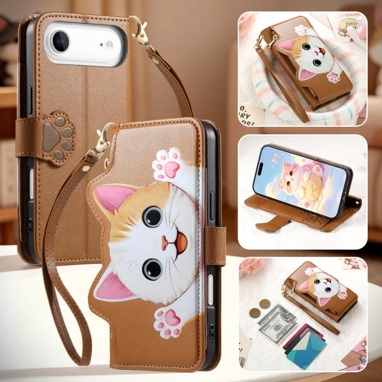 For iPhone Air Cat-shaped Zipper Wallet Vegan Leather Phone Case with Strap