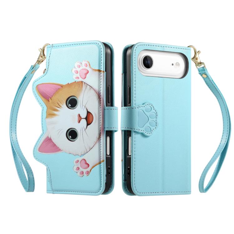 For iPhone Air Cat-shaped Zipper Wallet Vegan Leather Phone Case with Strap
