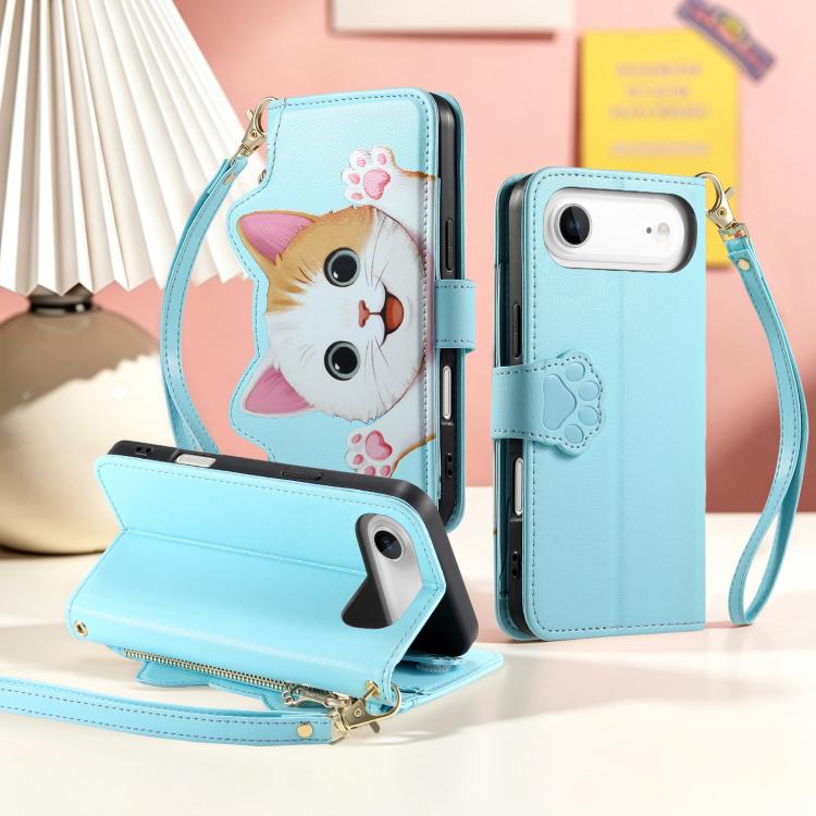 For iPhone Air Cat-shaped Zipper Wallet Vegan Leather Phone Case with Strap