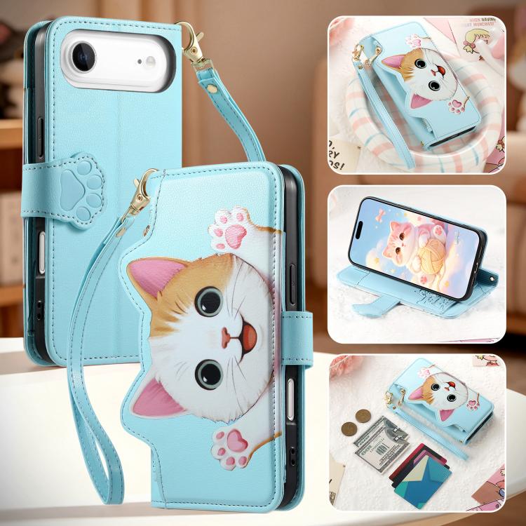 For iPhone Air Cat-shaped Zipper Wallet Vegan Leather Phone Case with Strap
