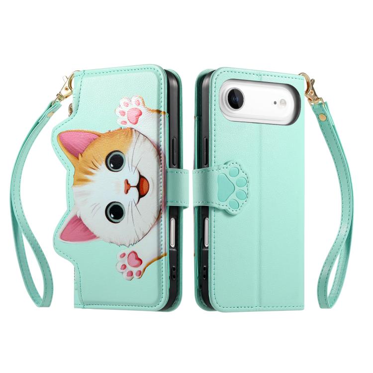 For iPhone Air Cat-shaped Zipper Wallet Vegan Leather Phone Case with Strap