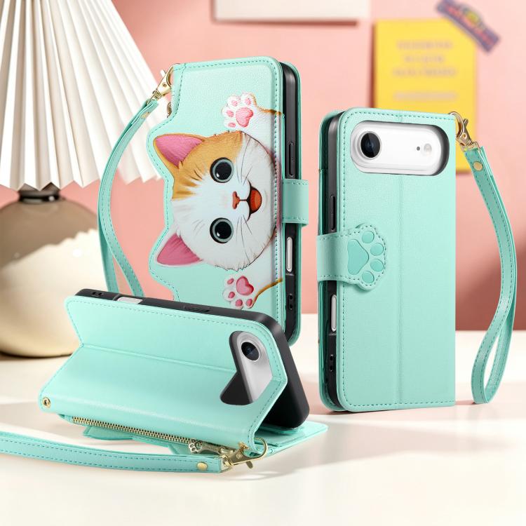For iPhone Air Cat-shaped Zipper Wallet Vegan Leather Phone Case with Strap
