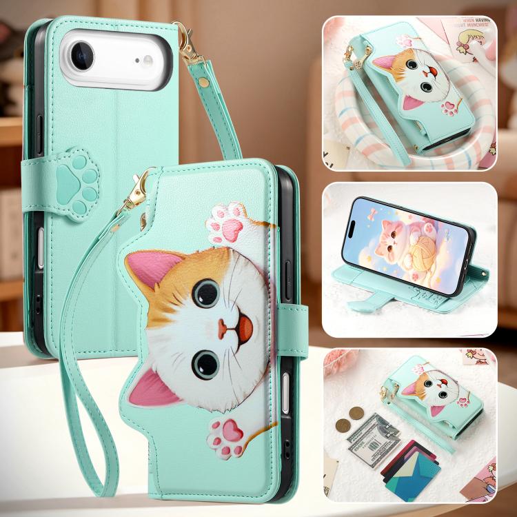 For iPhone Air Cat-shaped Zipper Wallet Vegan Leather Phone Case with Strap