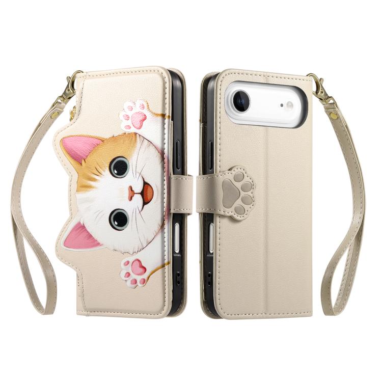 For iPhone Air Cat-shaped Zipper Wallet Vegan Leather Phone Case with Strap