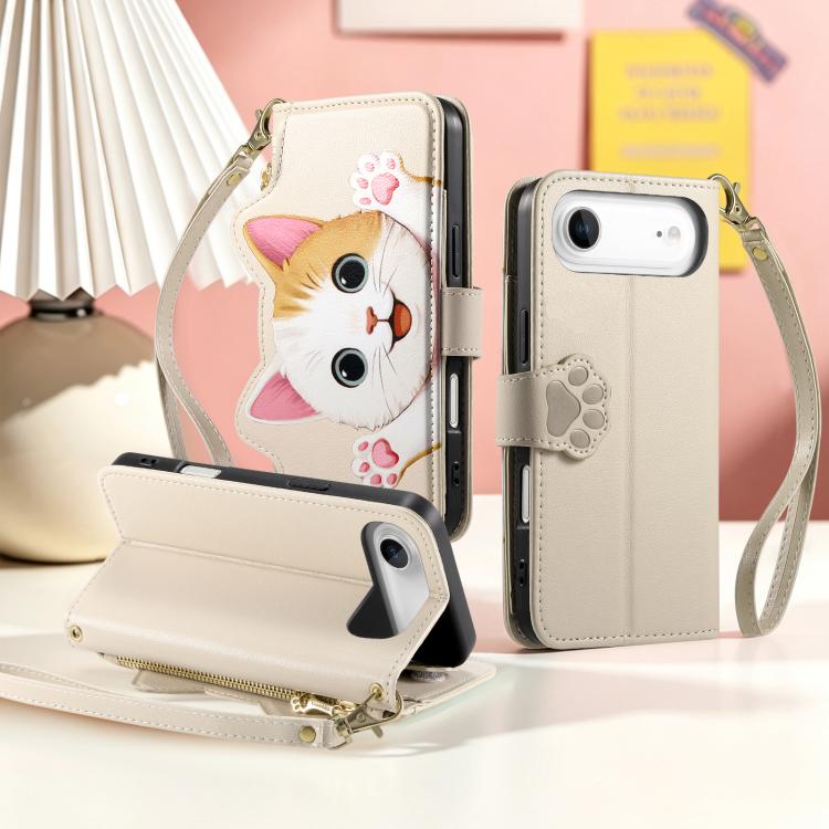 For iPhone Air Cat-shaped Zipper Wallet Vegan Leather Phone Case with Strap