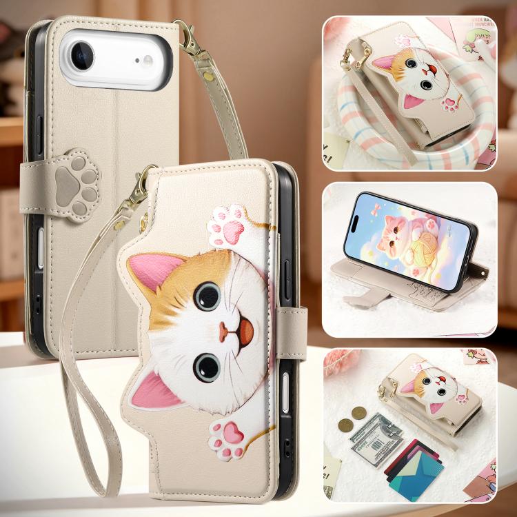 For iPhone Air Cat-shaped Zipper Wallet Vegan Leather Phone Case with Strap