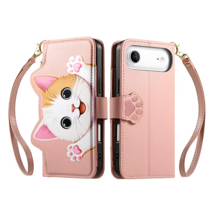 For iPhone Air Cat-shaped Zipper Wallet Vegan Leather Phone Case with Strap