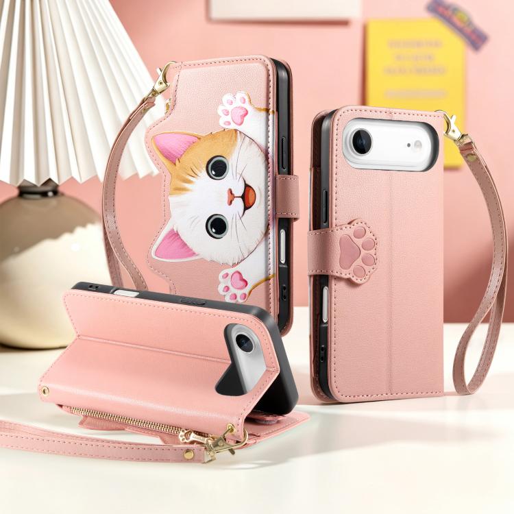 For iPhone Air Cat-shaped Zipper Wallet Vegan Leather Phone Case with Strap