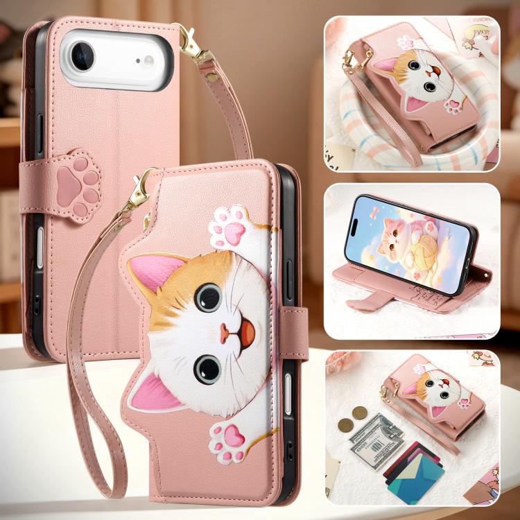 For iPhone Air Cat-shaped Zipper Wallet Vegan Leather Phone Case with Strap