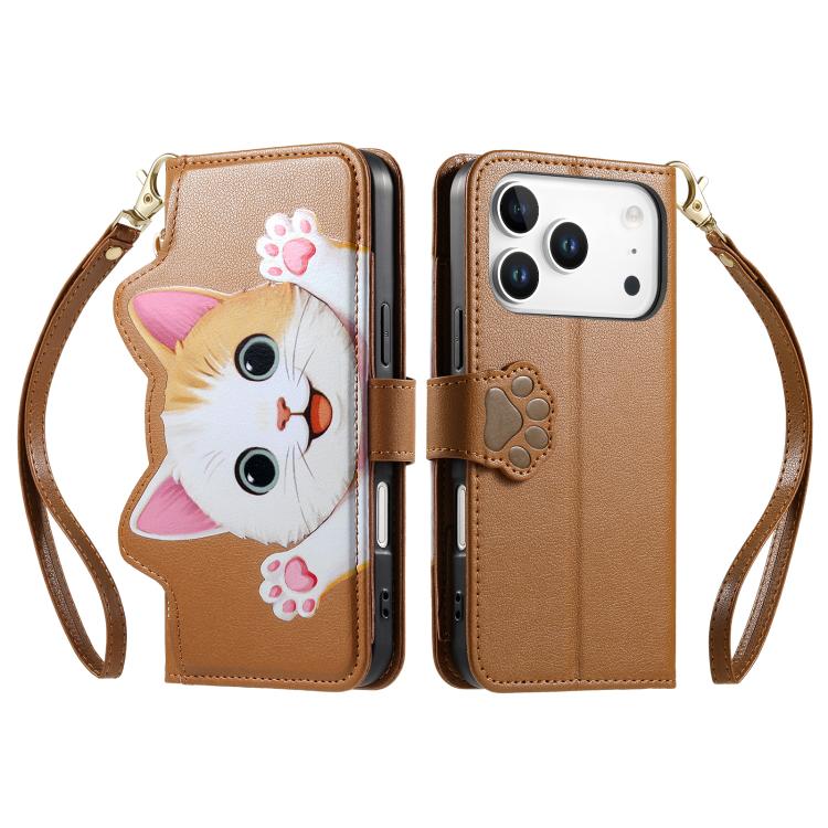For iPhone 17 Pro Cat-shaped Zipper Wallet Vegan Leather Phone Case with Strap