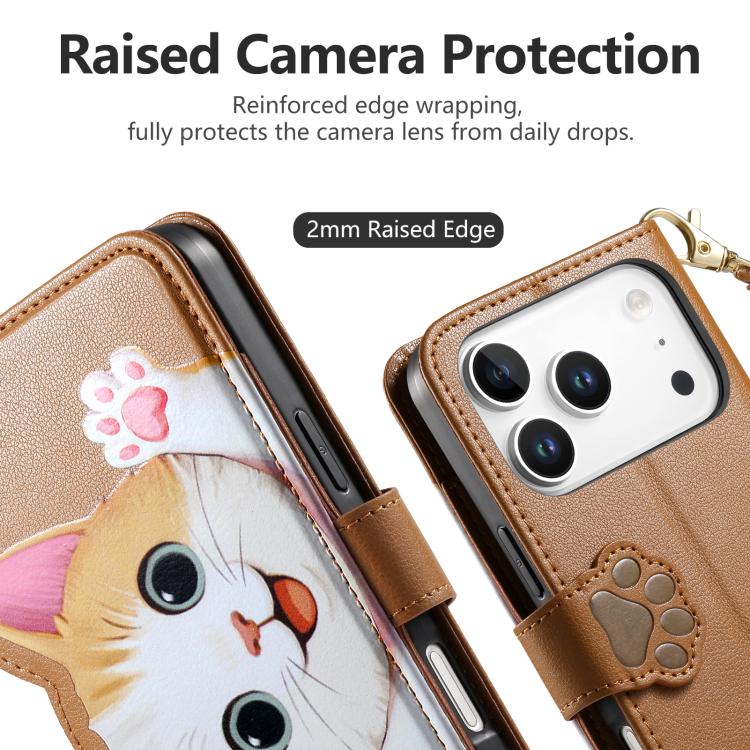 For iPhone 17 Pro Cat-shaped Zipper Wallet Vegan Leather Phone Case with Strap