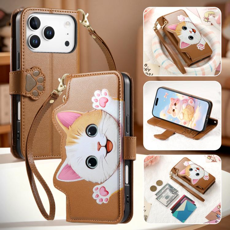 For iPhone 17 Pro Cat-shaped Zipper Wallet Vegan Leather Phone Case with Strap