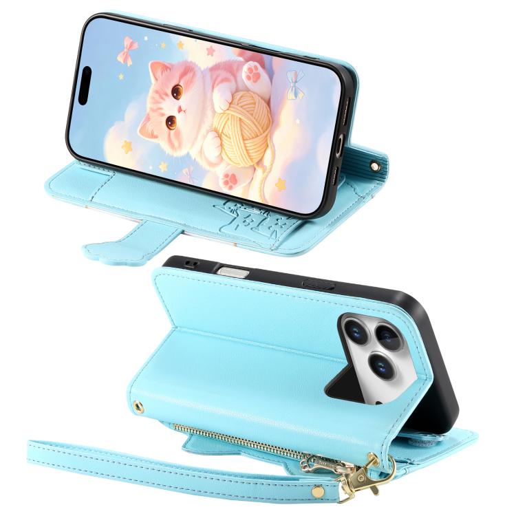 For iPhone 17 Pro Cat-shaped Zipper Wallet Vegan Leather Phone Case with Strap