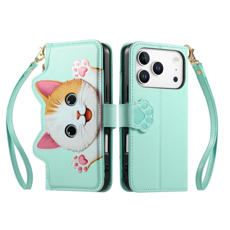 For iPhone 17 Pro Cat-shaped Zipper Wallet Vegan Leather Phone Case with Strap