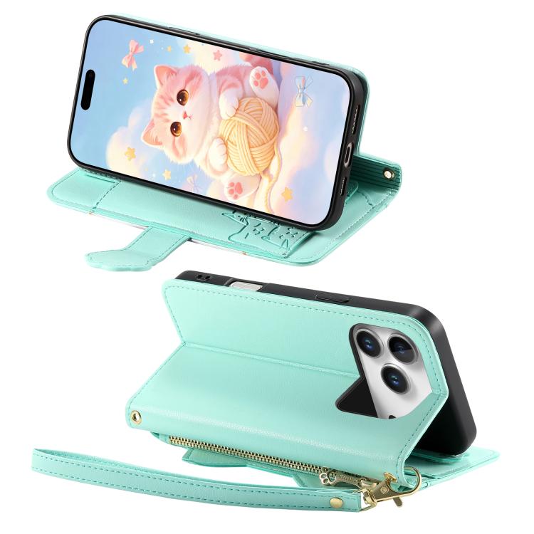For iPhone 17 Pro Cat-shaped Zipper Wallet Vegan Leather Phone Case with Strap