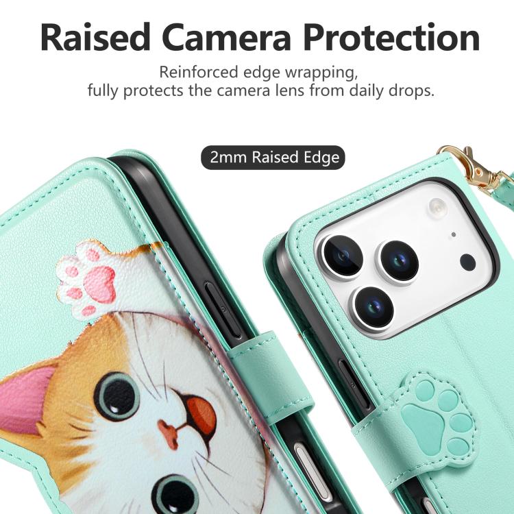 For iPhone 17 Pro Cat-shaped Zipper Wallet Vegan Leather Phone Case with Strap