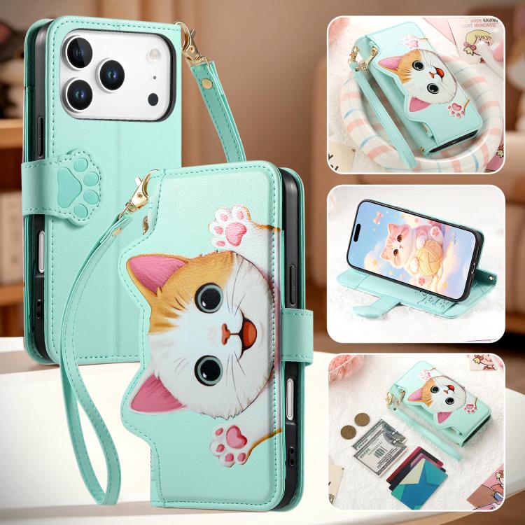 For iPhone 17 Pro Cat-shaped Zipper Wallet Vegan Leather Phone Case with Strap