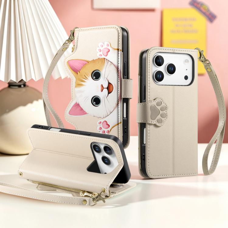 For iPhone 17 Pro Cat-shaped Zipper Wallet Vegan Leather Phone Case with Strap