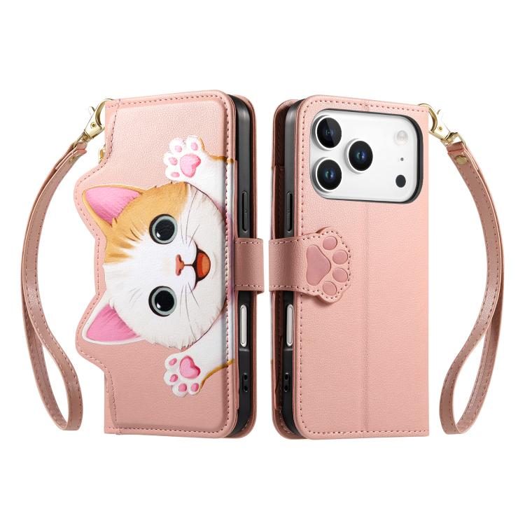 For iPhone 17 Pro Cat-shaped Zipper Wallet Vegan Leather Phone Case with Strap