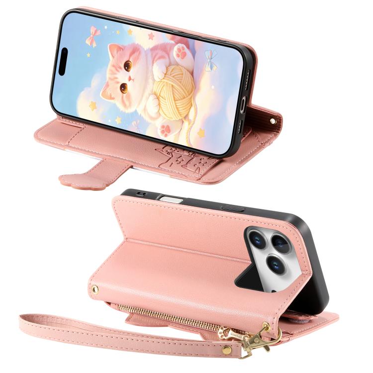 For iPhone 17 Pro Cat-shaped Zipper Wallet Vegan Leather Phone Case with Strap