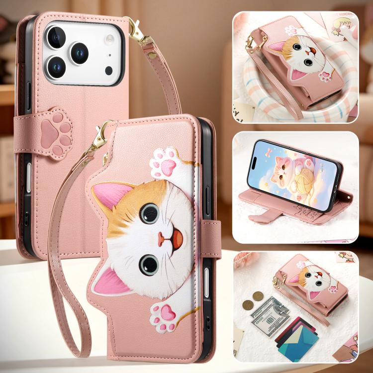 For iPhone 17 Pro Cat-shaped Zipper Wallet Vegan Leather Phone Case with Strap