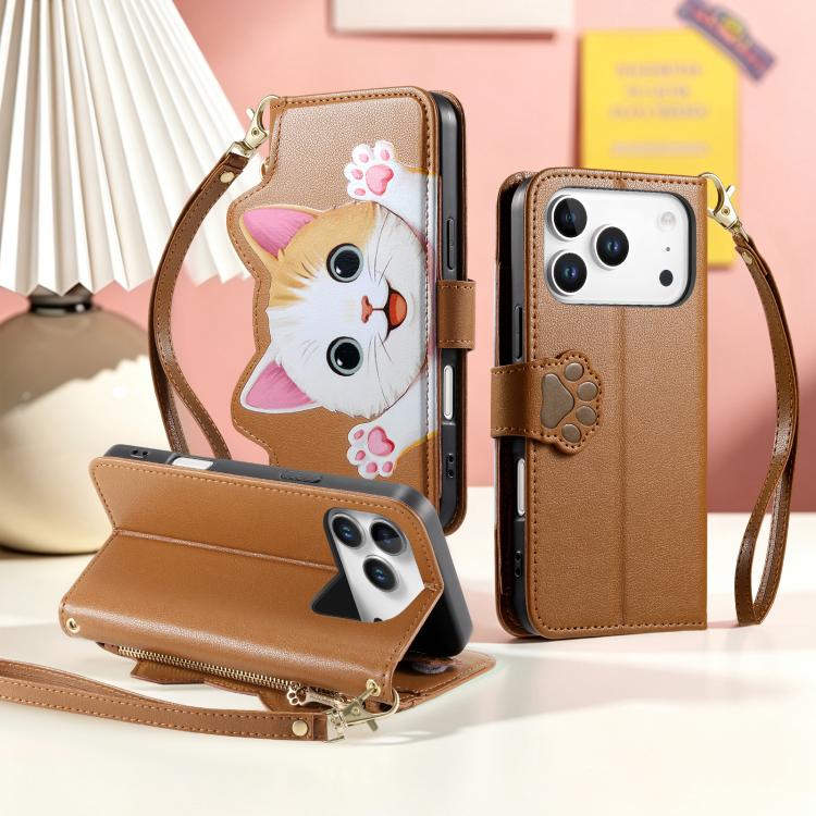 For iPhone 17 Pro Max Cat-shaped Zipper Wallet Vegan Leather Phone Case with Strap