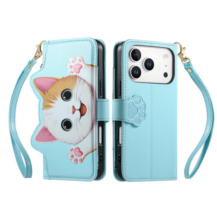 For iPhone 17 Pro Max Cat-shaped Zipper Wallet Vegan Leather Phone Case with Strap