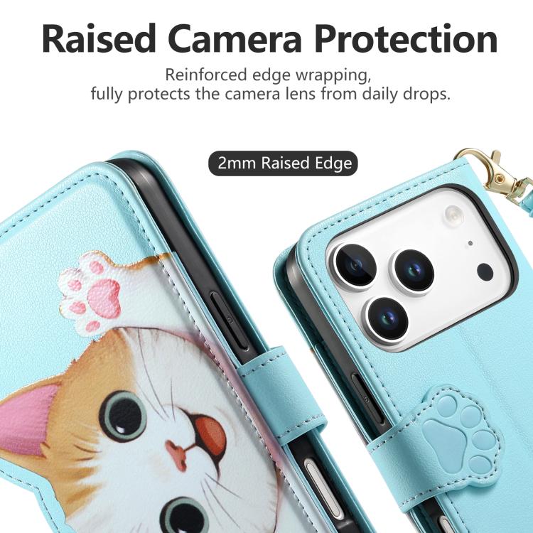 For iPhone 17 Pro Max Cat-shaped Zipper Wallet Vegan Leather Phone Case with Strap