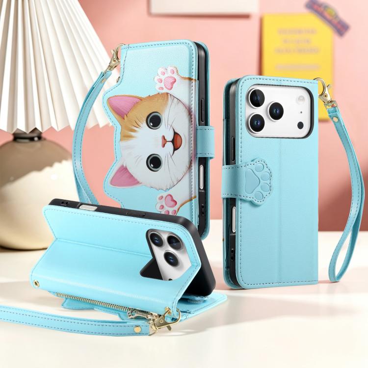 For iPhone 17 Pro Max Cat-shaped Zipper Wallet Vegan Leather Phone Case with Strap