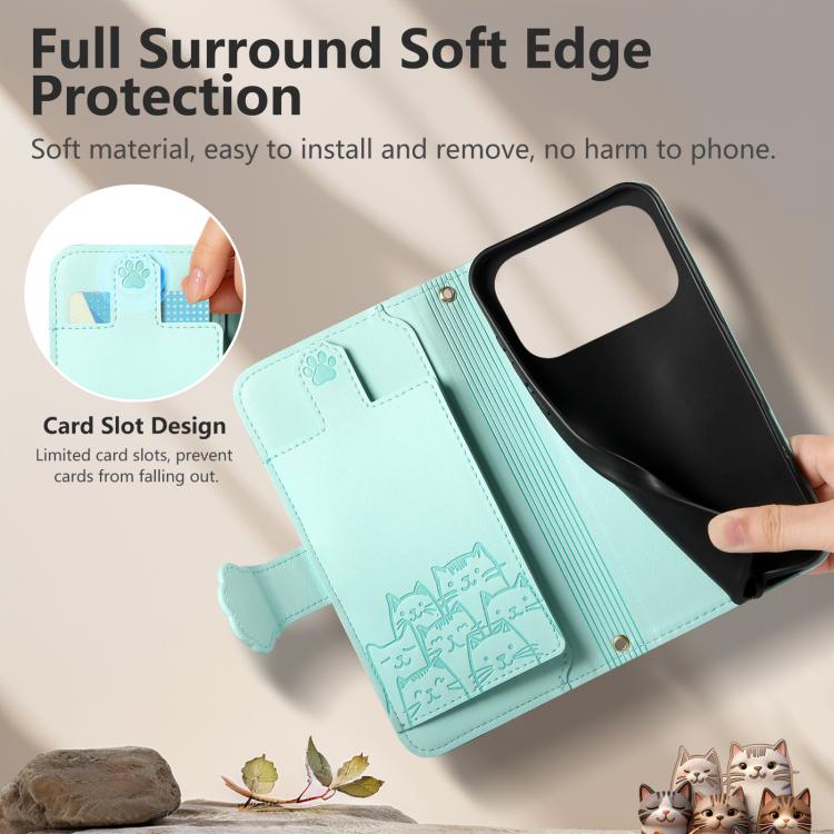 For iPhone 17 Pro Max Cat-shaped Zipper Wallet Vegan Leather Phone Case with Strap