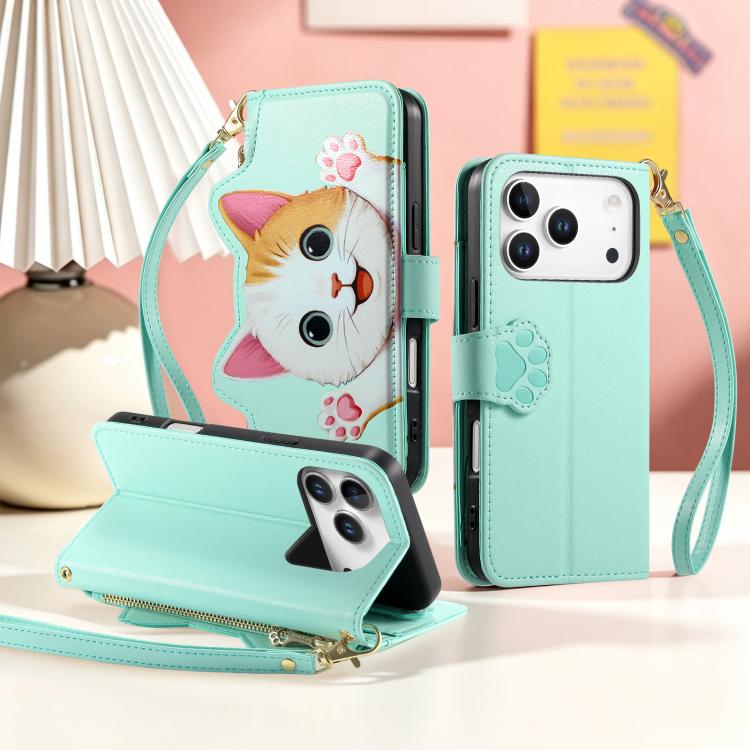 For iPhone 17 Pro Max Cat-shaped Zipper Wallet Vegan Leather Phone Case with Strap