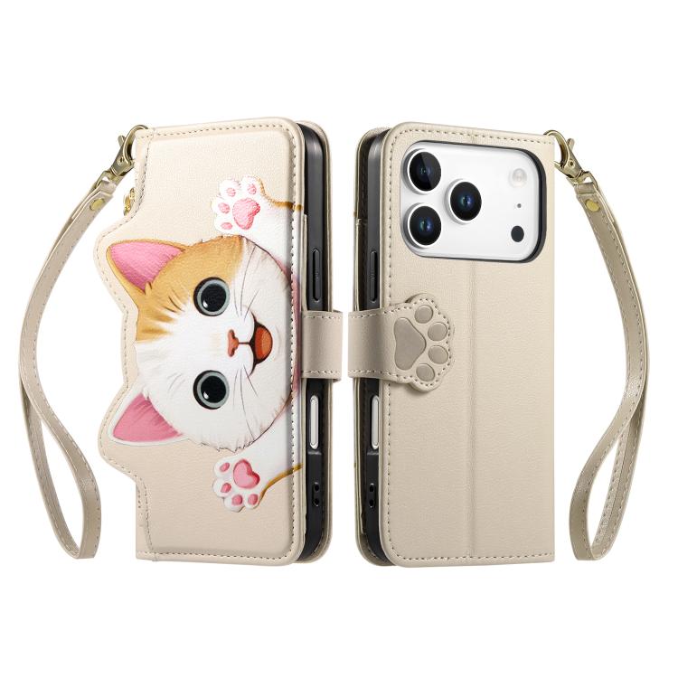 For iPhone 17 Pro Max Cat-shaped Zipper Wallet Vegan Leather Phone Case with Strap