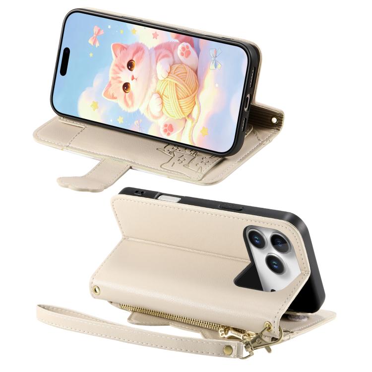 For iPhone 17 Pro Max Cat-shaped Zipper Wallet Vegan Leather Phone Case with Strap