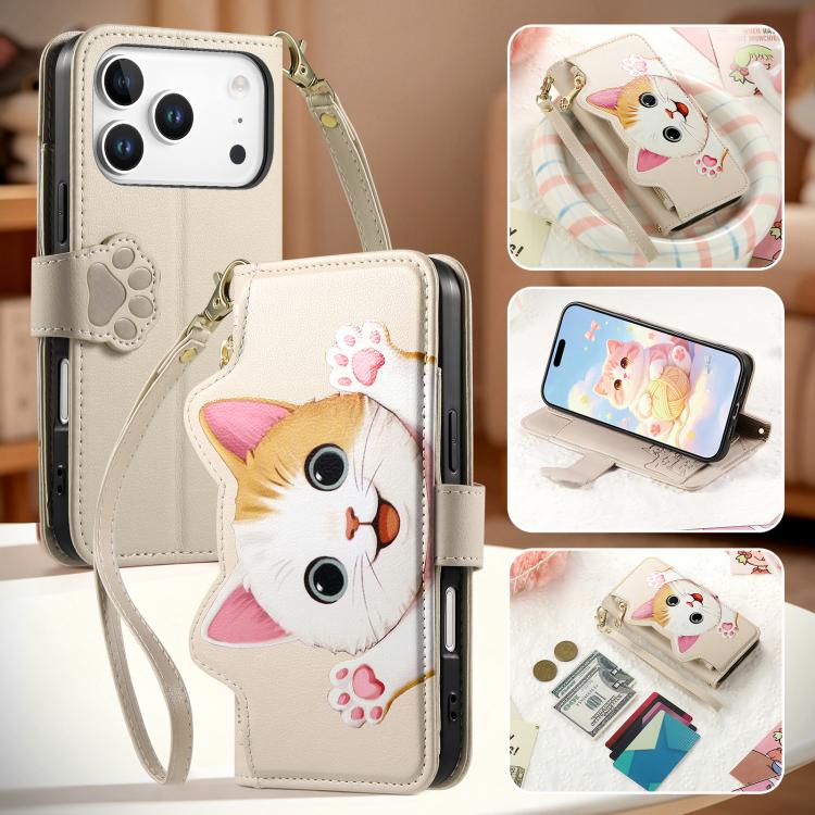 For iPhone 17 Pro Max Cat-shaped Zipper Wallet Vegan Leather Phone Case with Strap