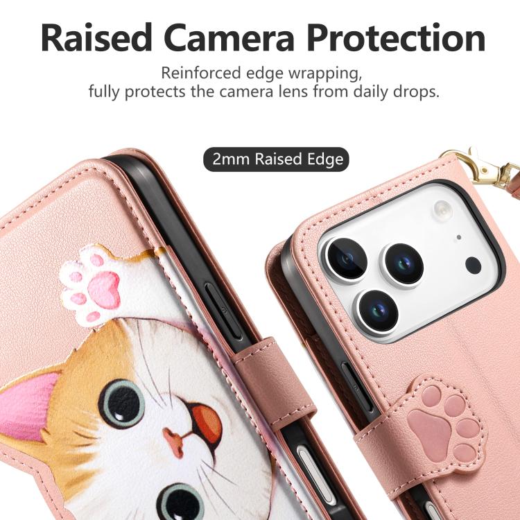 For iPhone 17 Pro Max Cat-shaped Zipper Wallet Vegan Leather Phone Case with Strap